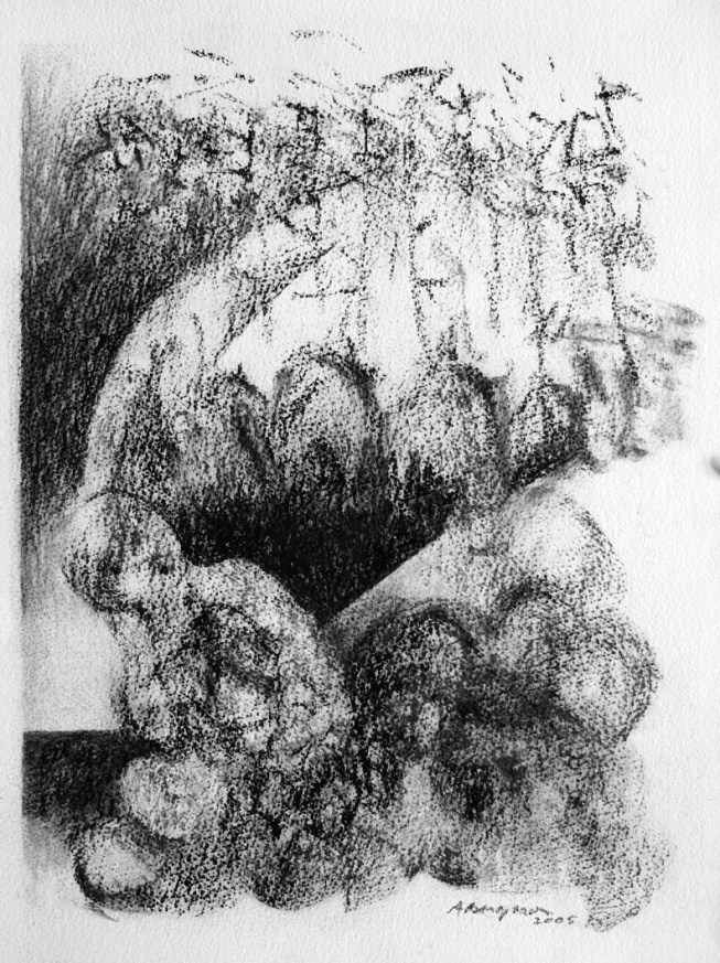 Inquiétante étrangeté III, Fusain sur papier Fabriano, 32 x 23 cm, 2006